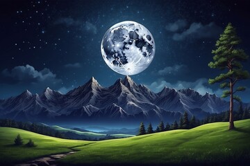 Picture of the night landscape full moon mountain grass field - obrazy, fototapety, plakaty