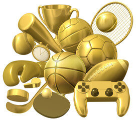 3D render featuring an array of sports gear, each one a symbol of a beloved sport, accompanied by a gaming controller and a gleaming trophy cup, advertising the exciting world of eSport competitions.