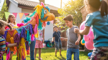 Children and adults gather around as a pi&ntilde;ata is about to be struck in a sunny backyard, the festive atmosphere highlighted by colorful decorations and laughter. , natural light, s