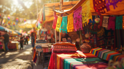 A local craft market celebrating Cinco de Mayo, with stalls displaying handmade goods, traditional fabrics, and colorful crafts under the warm afternoon sun. , natural light, soft