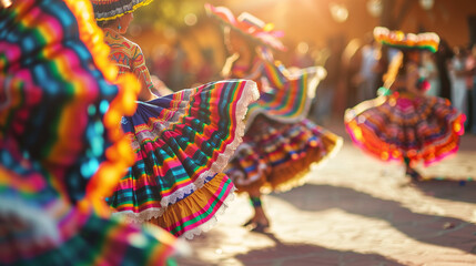 Dancers in folkloric costumes perform a traditional Mexican dance, focus sharp on the colorful...