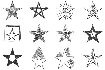 PNG, Hand Drawn star doodles set. Sketch style icons. Set of black handmade stars in doodle style on a white background.
