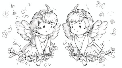 Pair of cute little angels carrying floral wreath tog