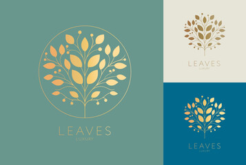 Golden emblem with leaves. Can be used for jewelry, beauty and fashion industry. Great for logo, monogram, invitation, flyer, menu, background, or any desired idea.