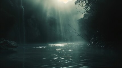 a river with a tree in the middle of it and a sunbeam in the background