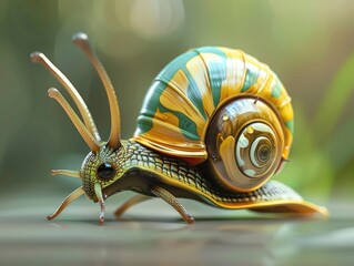 Colorful snail with legs explores garden with intricate patterns.