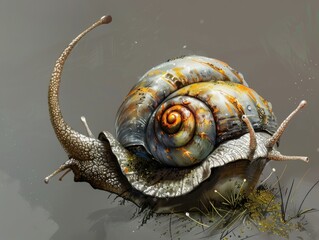 A detailed close-up of a unreal bizarre snail in its natural habitat.
