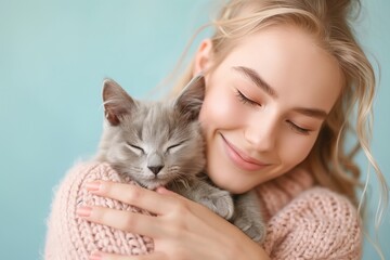 Content woman hugging a grey kitten