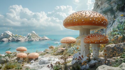 a group of mushrooms sitting on top of a lush green hillside