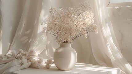 a vase with flowers sitting on a table in front of a window with white curtains