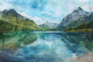 The works in the style of watercolor painting. Mountain lake between by mountains . - obrazy, fototapety, plakaty