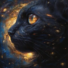 A digital painting of a black cat's face in space. The cat is looking at the viewer with one eye and has a galaxy of stars and planets swirling around it.