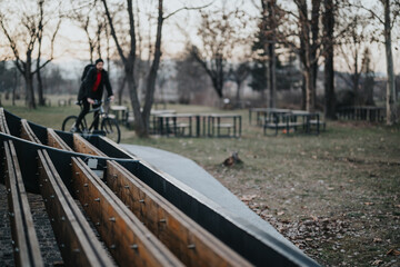 An adult man enjoys a casual bike ride on a cycling path in a quiet park as the sun sets, embracing...