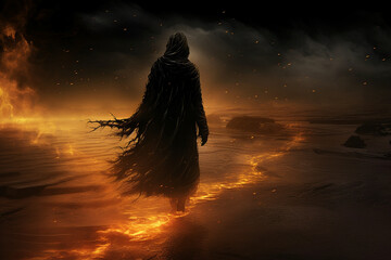 A hooded figure stands facing a fiery chasm in a dark, apocalyptic setting