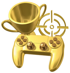 3D illustration showcasing a golden gaming controller and a crosshair icon, accompanied by a gleaming  trophy cup, honoring remarkable achievements in the world of shooter video games.