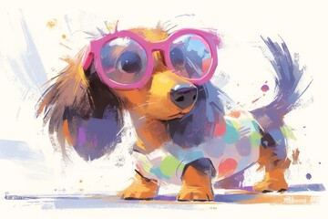 Fototapeta premium Cute happy Dachshund dog wearing glasses, vector illustration in the style of a watercolor painting with splashes and dots on a white background