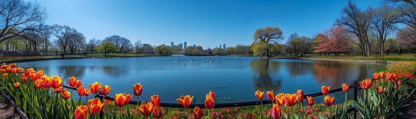 Spring Panorama: Tulips by the City Lake