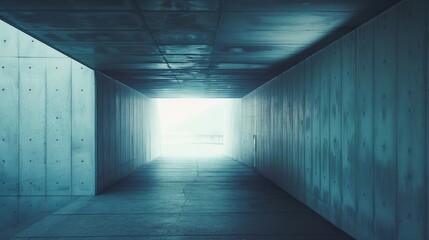 a long hallway with a light at the end of it and a sky background that is very dark and foggy