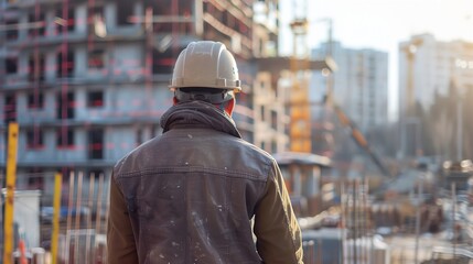 a man in a hard hat and jacket looking at construction site in the background with buildings in the foreground..