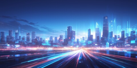 Fototapeta na wymiar Futuristic cityscape at night with light trails, symbolizing the speed and innovation of digital marketing. Vibrant lights in blue and red, creating dynamic streaks on urban streets