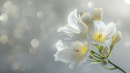 A vibrant white freesia blossom shines against a backdrop of misty grey