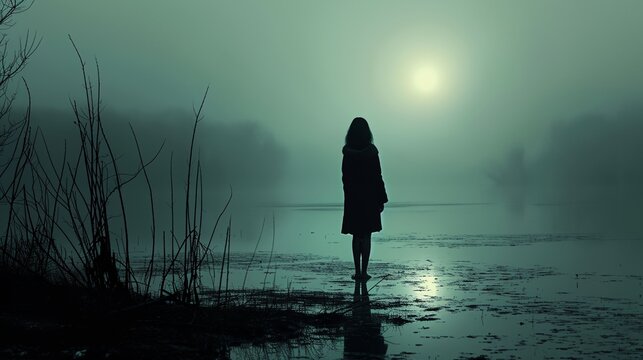 a woman standing in the fog on a lake with a bird flying overhead in the distance