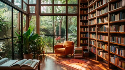 a room with a lot of books and a chair in it and a big window with lots of plants - obrazy, fototapety, plakaty