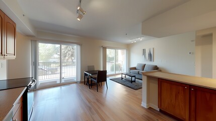 a kitchen and living room with a sliding glass door