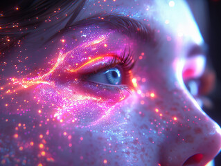 A magical photo image of a woman's eyes and face, shining, showing the sign of colorful light, blue...