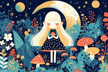 Fototapeta premium Illustration of mushrooms with polka dots, a moon and green plants in a vintage