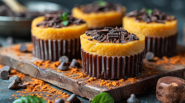 A wooden table with four chocolate cupcakes on it. The cupcakes are covered in chocolate chips and are sitting on a wooden surface