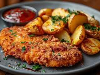 Plate of Food With Potatoes and German Schnitzel
