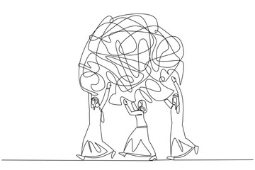 Single continuous line drawing a group of Arab businessmen and Arab businesswomen work together carrying heavy messy circle. Keep anxiety away. Relieve stress. One line design vector illustration