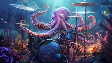 Octopus drummer submerged underwater, skillfully playing a drum kit with its tentacles, creating a lively and rhythmic aquatic performance - obrazy, fototapety, plakaty