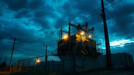 A large electrical power station is lit up at night