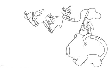 Single one line drawing businesswoman riding piggy bank catching flying banknotes. Hit by a financial crisis. Unstable finances. Trying to get capital. Continuous line design graphic illustration