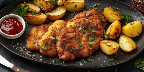 Chicken and Potato German Schnitzel on Black Plate