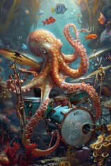 Fototapeta premium Octopus drummer submerged underwater, skillfully playing a drum kit with its tentacles, creating a lively and rhythmic aquatic performance