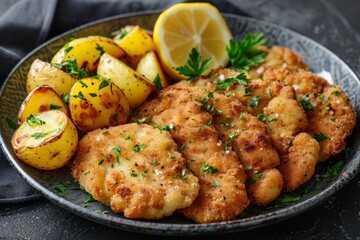 Plate of Fried Food With Potatoes and Lemon Wedges