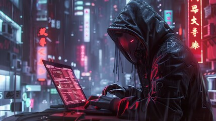 A lone hacker sits in the rain, typing away at their laptop. The city lights reflect off the water, and the rain drips off their hood. - obrazy, fototapety, plakaty