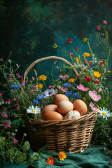 Easter eggs in a basket with colorful flowers  - obrazy, fototapety, plakaty