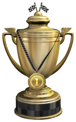 A golden trophy cup and first place medal, honoring a hard-earned victory in a motorsport championship. 3D illustration