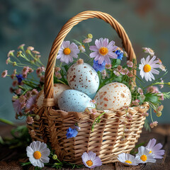 Easter eggs in a basket with colorful flowers  - obrazy, fototapety, plakaty