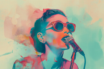 Watercolor painting of a female singer with sunglasses and a microphone, colorful retro style illustration