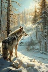 A lone wolf stands on a snowy hilltop, looking out over a frozen forest. The sun is setting behind the trees, casting a long shadow over the wolf. The wolf is silent and still, its eyes fixed on the h - obrazy, fototapety, plakaty