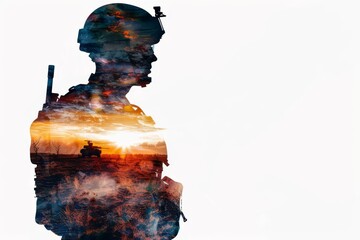 Silhouette of Soldier and Battlefield Isolated on White - Military Concepts, Armed Forces Deployment, Heroic Symbolism - obrazy, fototapety, plakaty