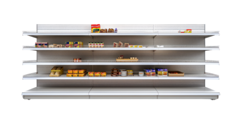 Empty supermarket shelf facing the viewer, Empty store shelf, clean display, Supermarket, empty, isolate on transparent png.
