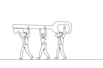Single one line drawing a group of businessmen and businessmen work together carrying the key. Offer solutions. Solve problems together for amazing profit. Continuous line design graphic illustration