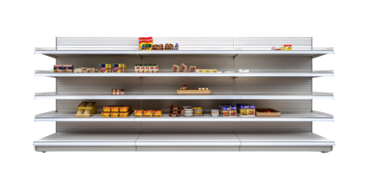 Empty supermarket shelf facing the viewer, Empty store shelf, clean display, Supermarket, empty, isolate on transparent png.
