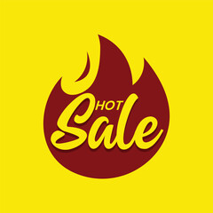 Hot Sale sticker design on a vector fire flame icon. Product advertisement label design. Hot sale web banner, poster, template. Hat sale logo on yellow background.